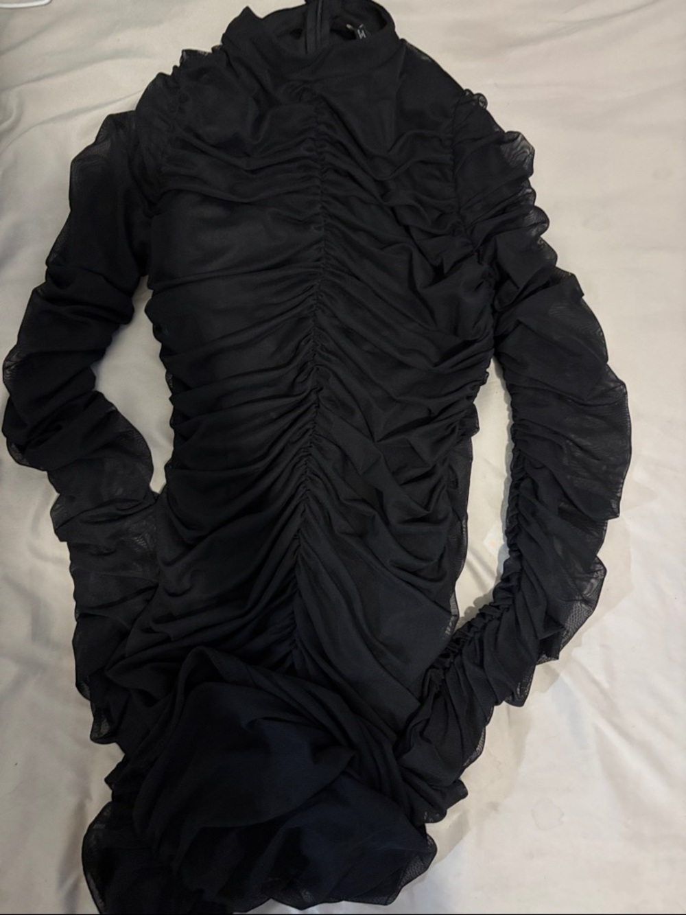 Fashion Nova Black Ruched Mesh Long Sleeve Dress